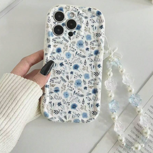 etui w niebieskie kwiaty ze smyczką Iphone 16